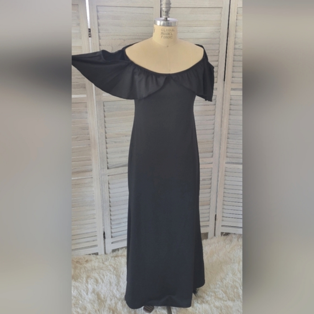 Black dress off the shoulder long length size xlarge draped butterfly neck